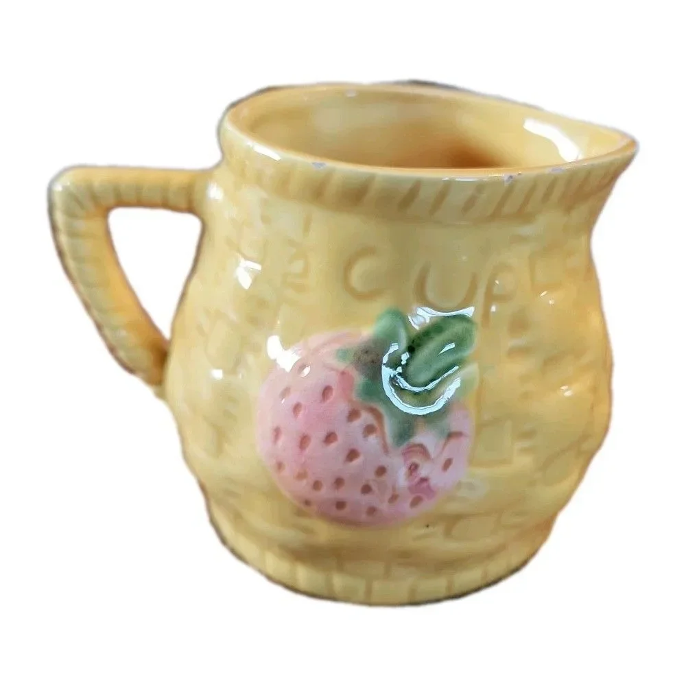 Vintage 1/2 Cup Strawberry Ceramic Pitcher Basket Weave Country Kitchen Decor